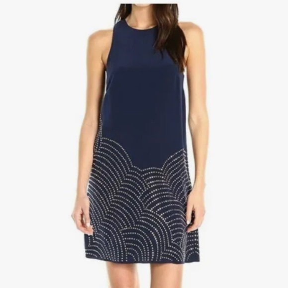 Trina Turk Rainbow Jeweled 100% Silk Navy Sleeveless Dress Women's Size 2 - Picture 1 of 8